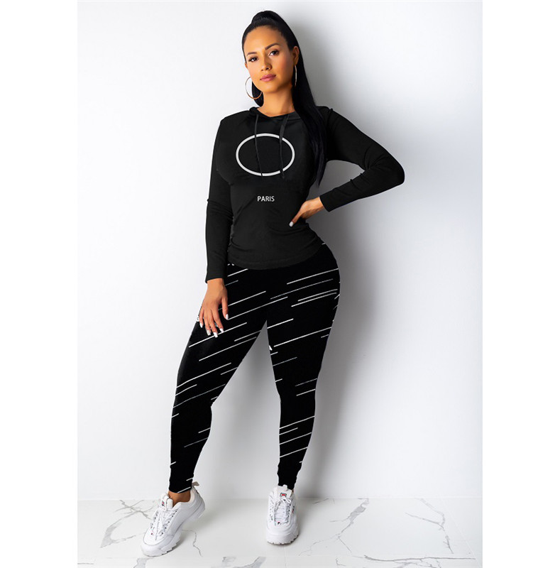 

21 New Womens Suit Fashion Two piece Suit Letter Stripe Printing Long-sleeved Hooded Trousers Two-piece Sports Suits Women Slim Sports, Black
