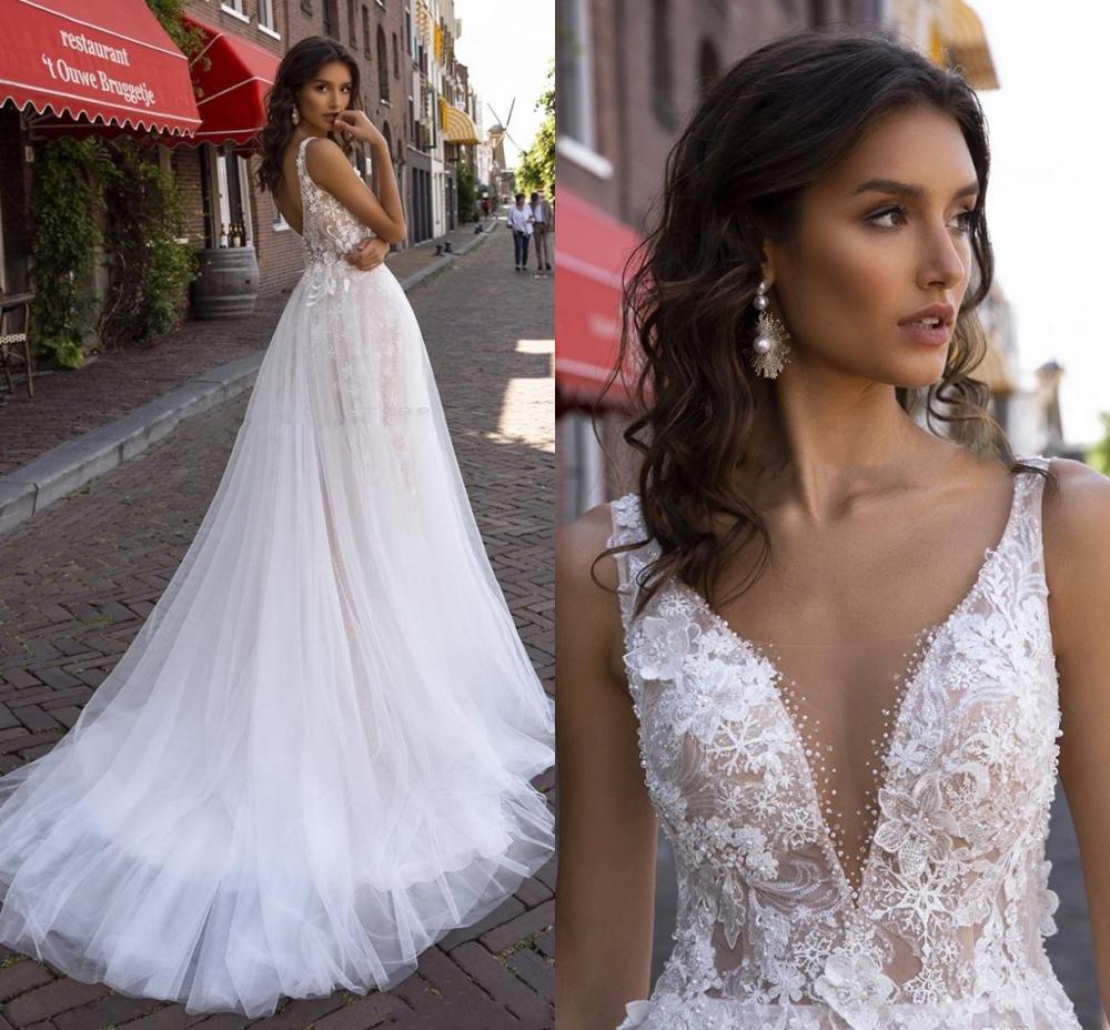 

2021 New V-neck Appliques Lace Es Beaded Sexy Backless Beautiful Long Women Wedding Wear Custom Vestidos De Mariee Lqsb, White