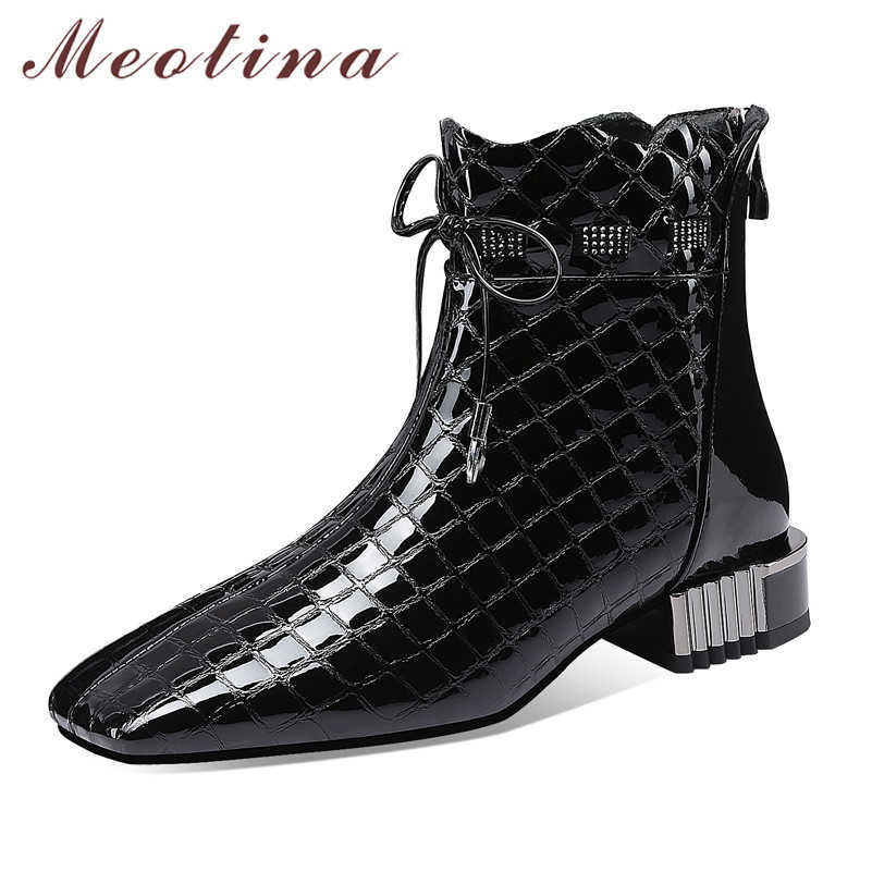 

Meotina Crystal Real Leather Mid Heel Ankle Boots Women Shoes Square Toe Thick Heels Lace Up Zip Short Boots Lady Autumn Winter 210608, Black synthetic lin