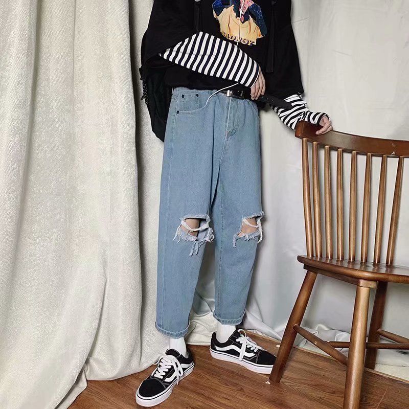 

2021 New Men's Fashion Big Hole Stretch Slim Fit Pocket Jeans Black/blue Casual Straight Pants Biker Denim Trousers S-3xl Gsfc