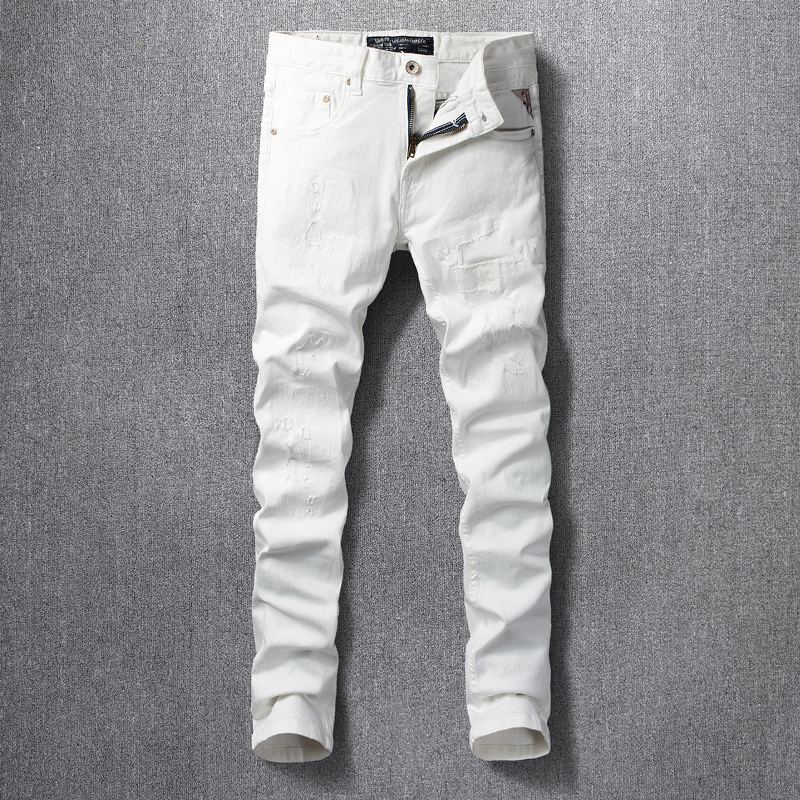 

2021 New Korean Style Fashion Men Jeans High Quality White Color Elastic Slim Fit Ripped Denim Punk Pants Streetwear Hip Hop Trousers I0ph