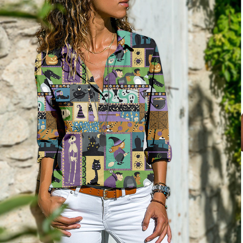 

Halloween 20 Women's Loose Casual Printed Long Sleeve Shirts, White