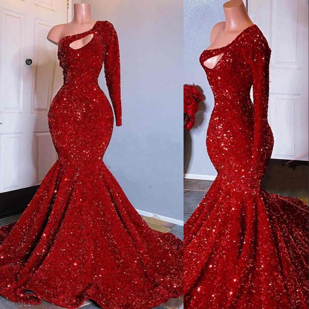 

2022 Bling Sexy Dark Red Sequins Lace Evening Dresses Wear One Shoulder Keyhole Mermaid Sequined Prom Dress Formal Special Occasion Gowns, Lavender