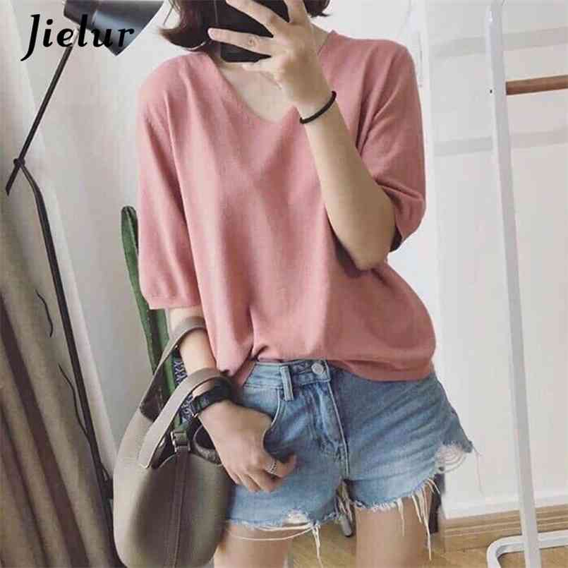 

Jielur Summer Korean Women's T-shirt Simple V-neck Loose Solid Color Casual Basic T-shirts 10 Colors Pink Top Female 210708, Purple