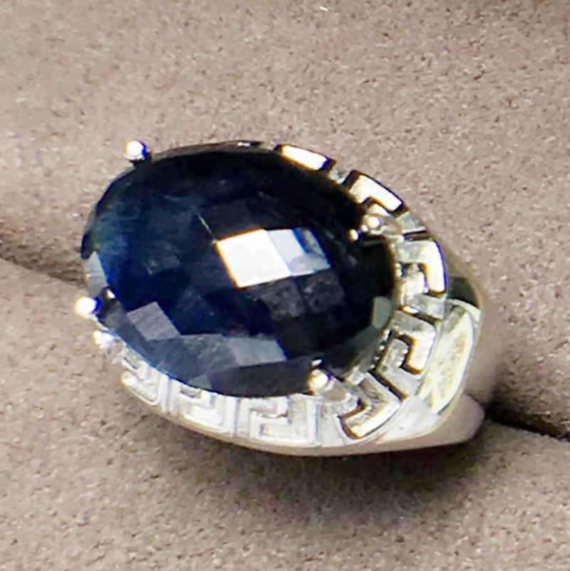 

Cluster Rings Per Jewelry Men Ring Natural Real Black Sapphire 10*14mm 7.5ct Big Gemstone 925 Sterling Silver Q20587, Golden;silver