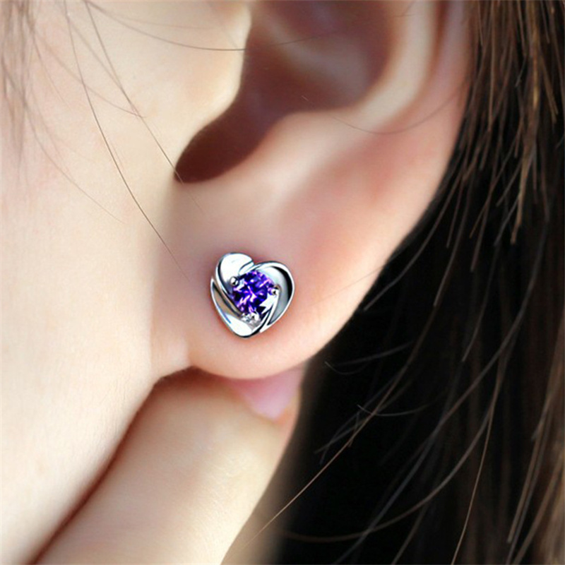 

925 Silver Plated White Purple CZ Zircon Crystal Stud Earring For Women Girls Wedding Engagement Geometric Studs Earrings