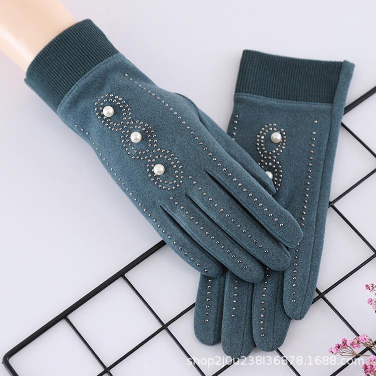 

Five Fingers Gloves Women's Cotton Solid Color Diamond Flannel With T-ouch Screen On Index Finger Mittens Winter