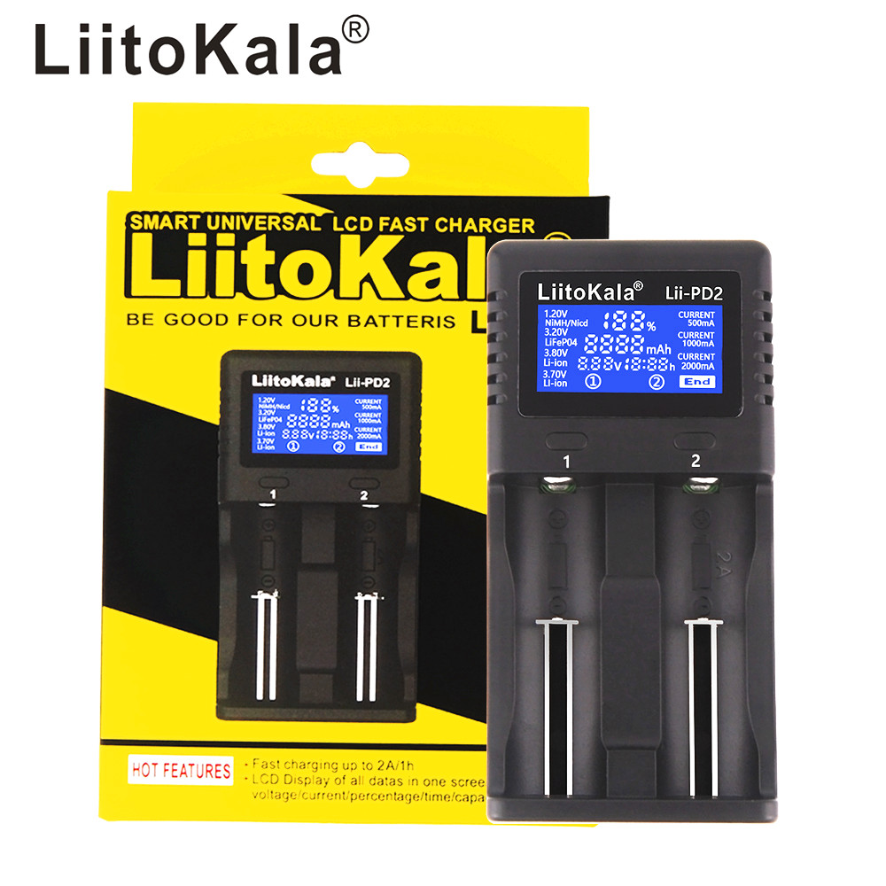 

LiitoKala Lii-PD2 2 slot LCD Smart 18650 Battery Charger for 3.7V Li-ion 18650/18500/16340/26650/21700 /20700/18350/CR123A Rechargeable batteries