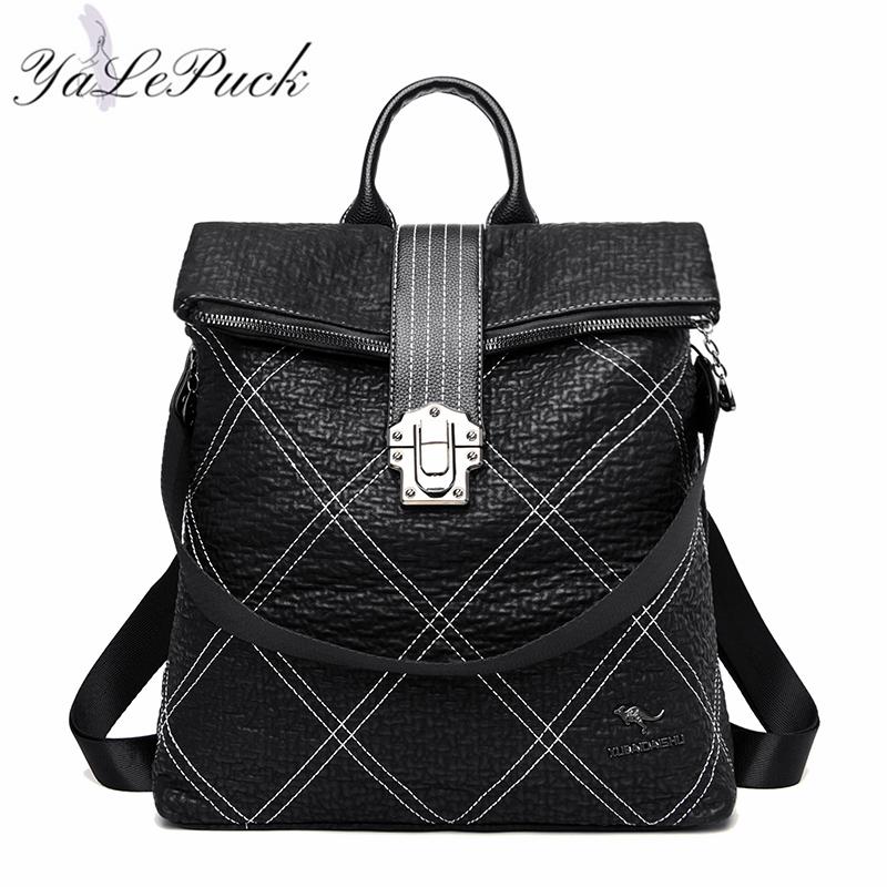 

2021 New backpack women leather backpack school bags Ladies for teenage girls waterproof high capacity travel backpacks, Black