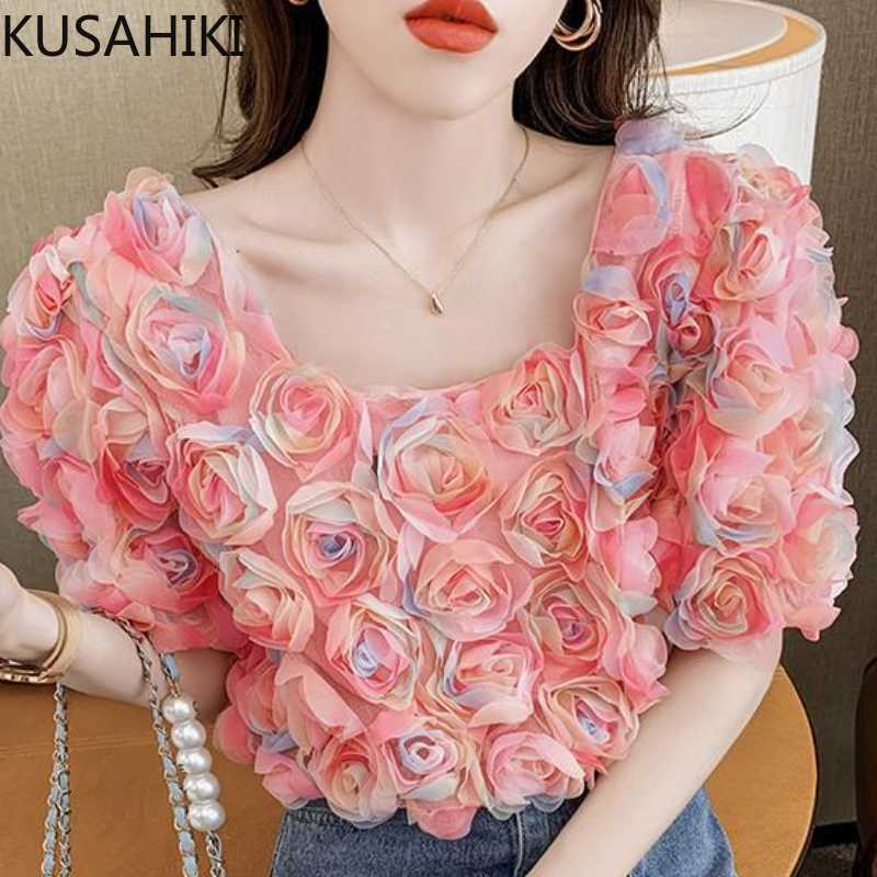 

KUSHAIKI Puff Sleeve Woman Tops Korean 3D Rose Blouse Shirt Summer Fashion Square Collar Blusas Mujer De Moda 6J318 210602, Green