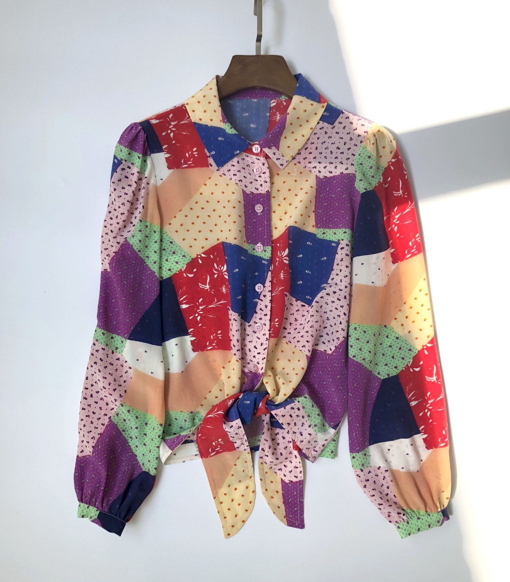 

2021 New Feminino 100% Seda Colorida Retalhos Estilo Francs Moda Suave Bainha Atada Blusa Camisa Wnpv, Black