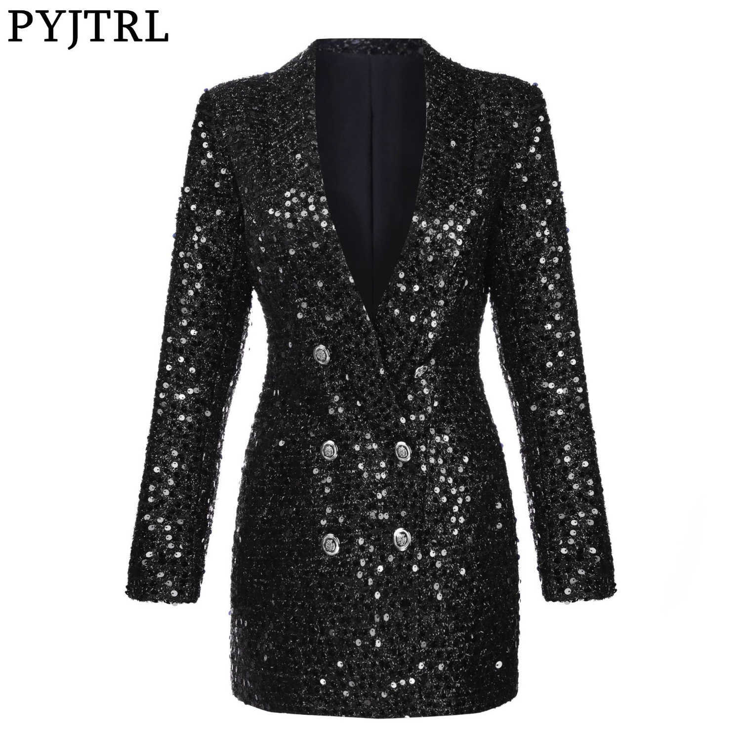 

PYJTRL Fashion Women Shawl Lapel Shiny Sequins Suit Jacket Female Double-breasted Long Coat Slim Fit Blazers Autumn Clothes 210930, Black