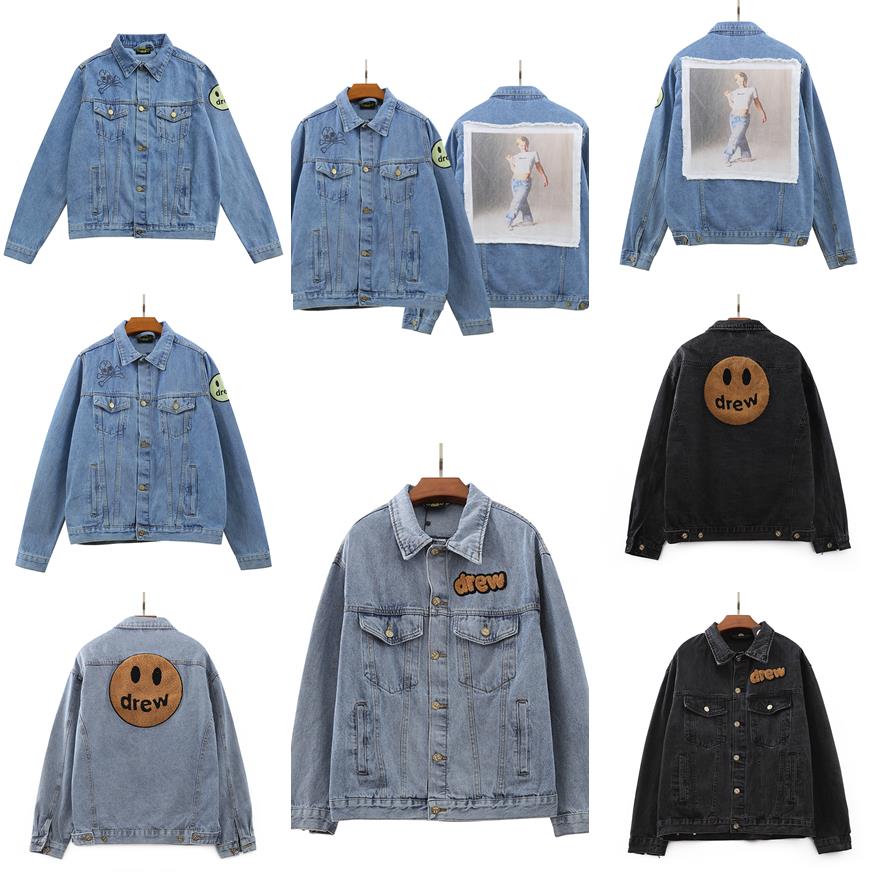 

Designer jeans mens leather jacket jean jackets womens men print Drew designers House Smiley Face Denim coats Printing women Long Sleeve, Black;brown