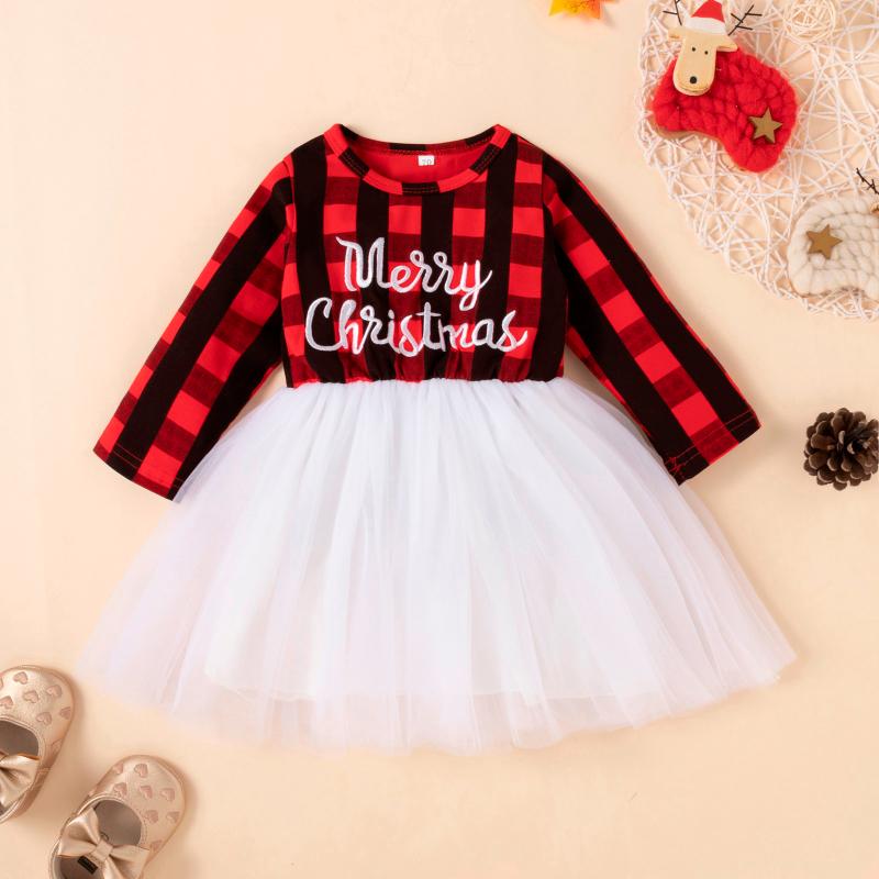 

Girl's Dresses Baby Dress Toddler Girls Christmas Cute Lattice Print Embroidered Letter Net Yarn Children's Tulle Vestidos, Red