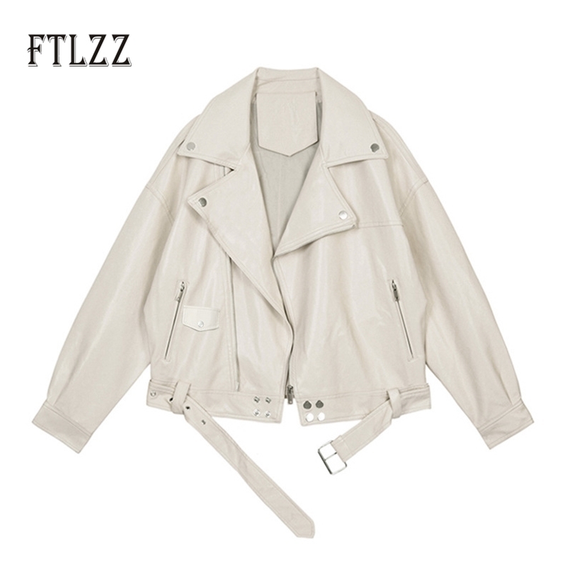 

Autumn Jacket Women Leather Coat Spring Loose Biker Motorcycle Ladies Black White Pu Outwear With Belt Femme 210525