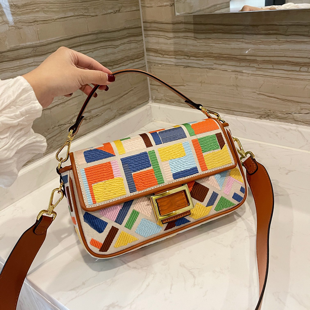 

Multicolor Shopping Bag Embroidered canvas handbags Baguette handbag shoulder bag fashion crossbody bag purses