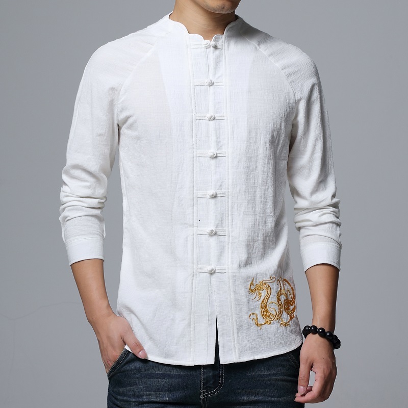 

New High Quality Casual 2021 Will See Cotton Linen Shirts of Retro-tang Men Suit Chinese-style Male Dragon Embroidered Shirt 0c27, Red wine
