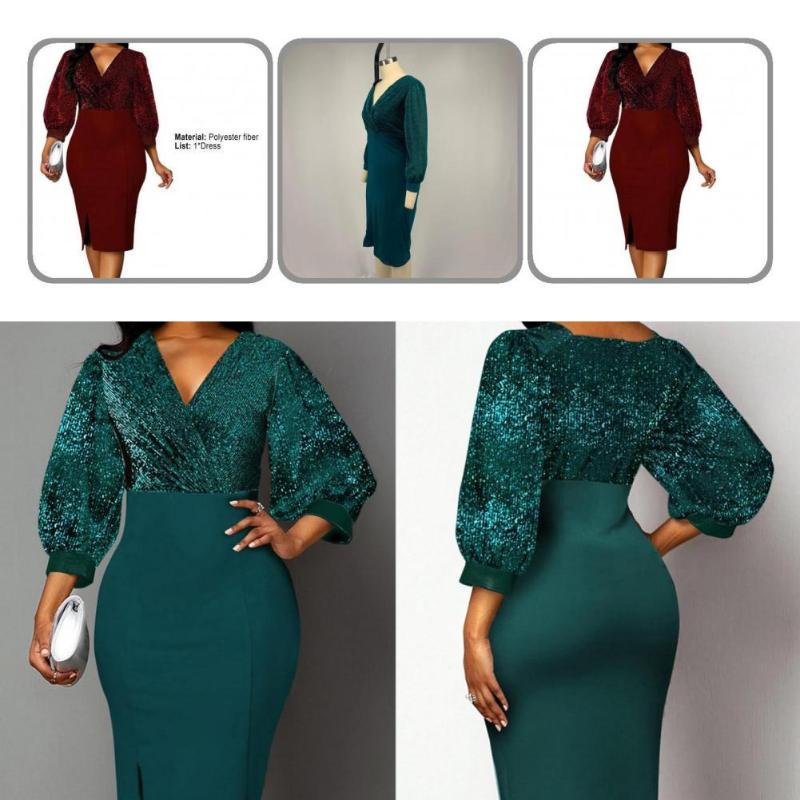 

Casual Dresses Solid Color Dress V Neck 3/4 Lantern Sleeve For Evening Party, Blue