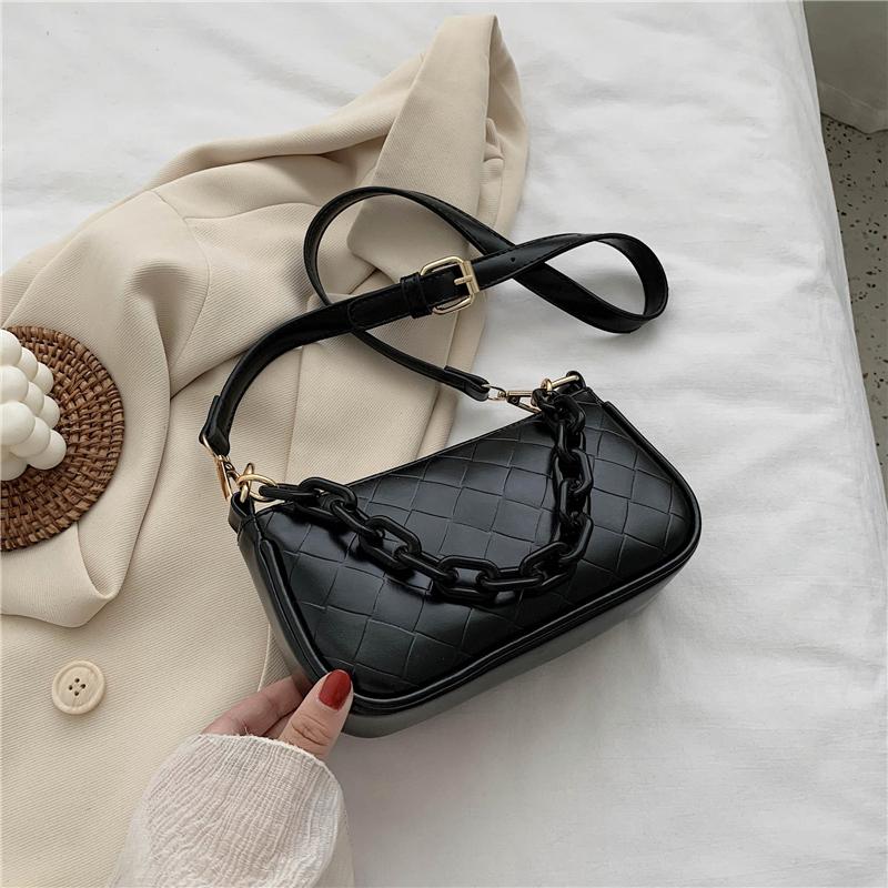 

Small Chain Shoulder Crossbody Bag For Women 2021 Fashion Solid Color Argyle PU Leather Messenger Bag Female Handbags and Purses, Black