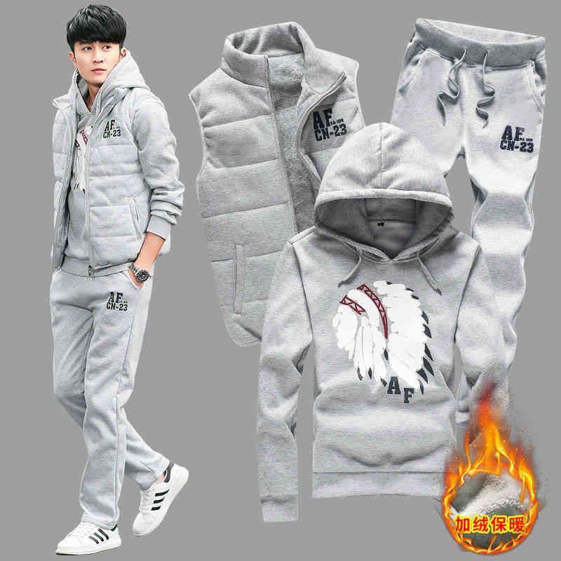 

autumn and winter new men's leisure sports suit student korean et plush thickened sweater trend three piece set, Gray