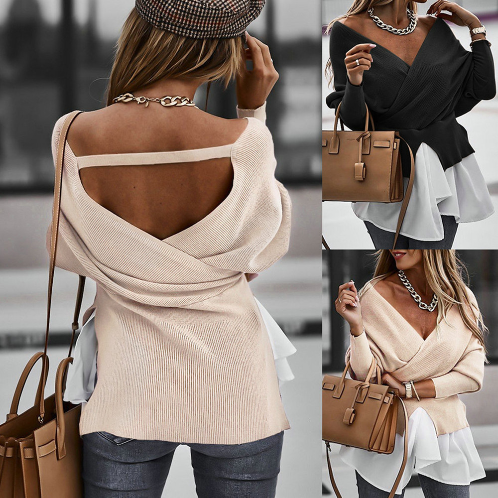 

New 2021 Spring Autumn Top Solid Color V-neck Lantern Sleeve Hole Strip Stitching Irregular Fashion Sexy Backless Patchwork Blouse Gyml, Light khaki