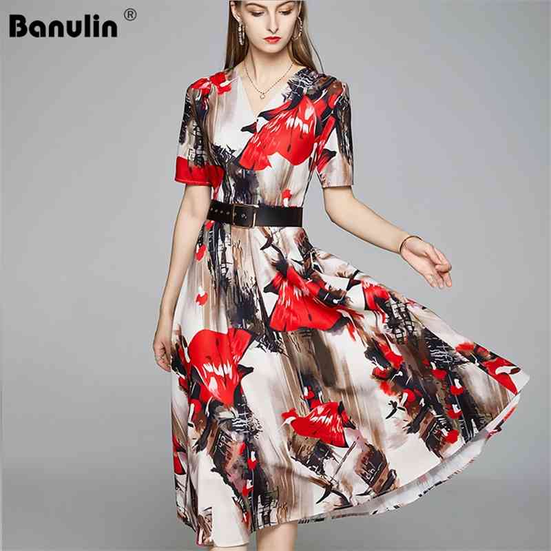

Banulin Summer Runway Short Sleeve Vintage Dress Women' Elegant V-Neck Ink printing Pattern Female Floral Midi with Belt 210603, Red