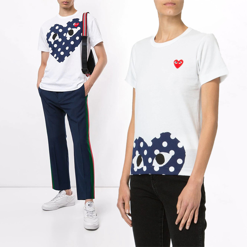 

Chuanjiu Baoling play tide brand CDG wave point love T-shirt for men and women lovers round neck cotton short sleeve summer, White blue wave dot big heart (female)