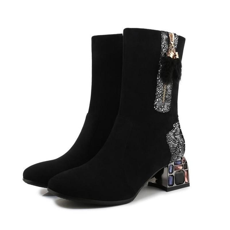 

Boots And Autumn Winter Children's Rhinestone Thick Heel Middle Tube Net Red Thin Large Size Frosted Color, Black