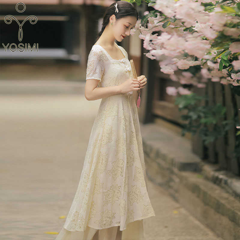 

YOSIMI Beige Lace Long Women Dress Elegant Summer Short Sleeve Mid-calf Fit and Flare 2 Piece Set Chinese Cheongsam 210604