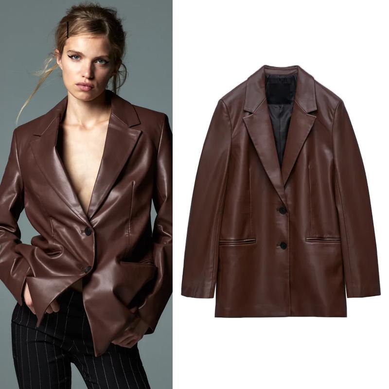 

Women's Suits & Blazers Office Lady Work Professional Occasion Wear Fashion Formal Style Beautiful Dark Brown Imitation Leather Suit Coat 20, As pic
