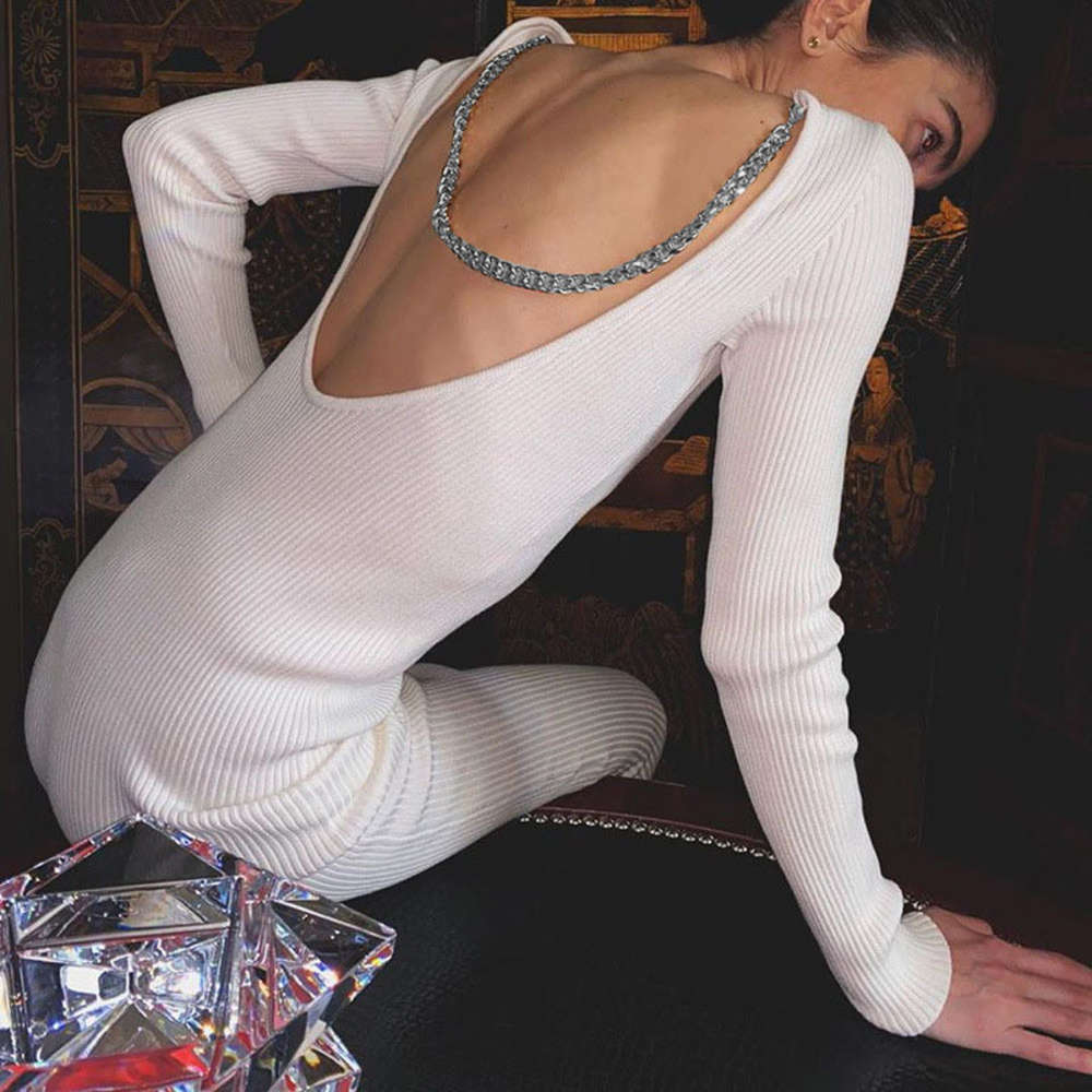 

Fashion sexy s-chain open back knitted dress with long sleeves and buttocks, Black;gray