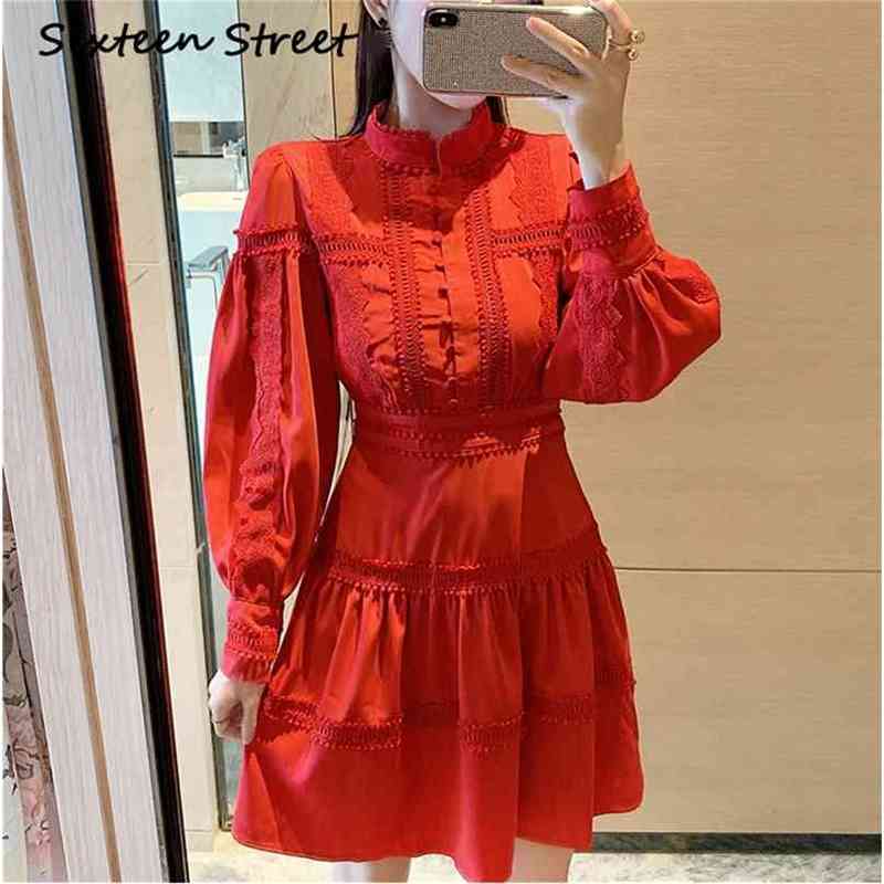

Red Solid Full-sleeve single-breasted Dress for woman high waist casual casualfashion party self dress female autumn 210603