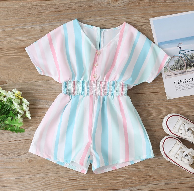 

2021 summer baby girls stripe romper children vertical stripes V-neck jumpsuit fashion kids short sleeves waist tight one-piece onesie S1256, Green