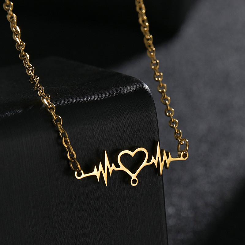 

Pendant Necklaces ECG Titanium Steel Heart Necklace Frame Rate Pattern Heartbeat Golden Plated Chain Stainless Jewelry Woman, Silver