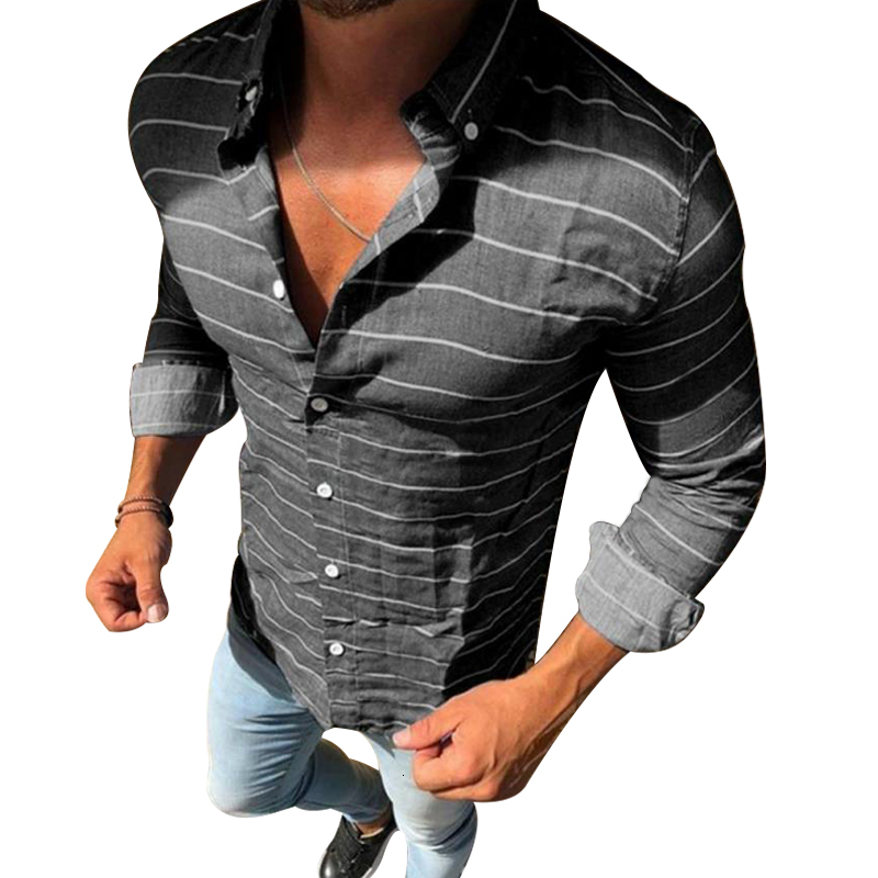 

2021 Striped Male Fashion Thin Fit Social Shirts Ed in Hawaiian Long Sleeve Tropical Muscle Lapel Solid Color Males Tops Clothes X950, Black