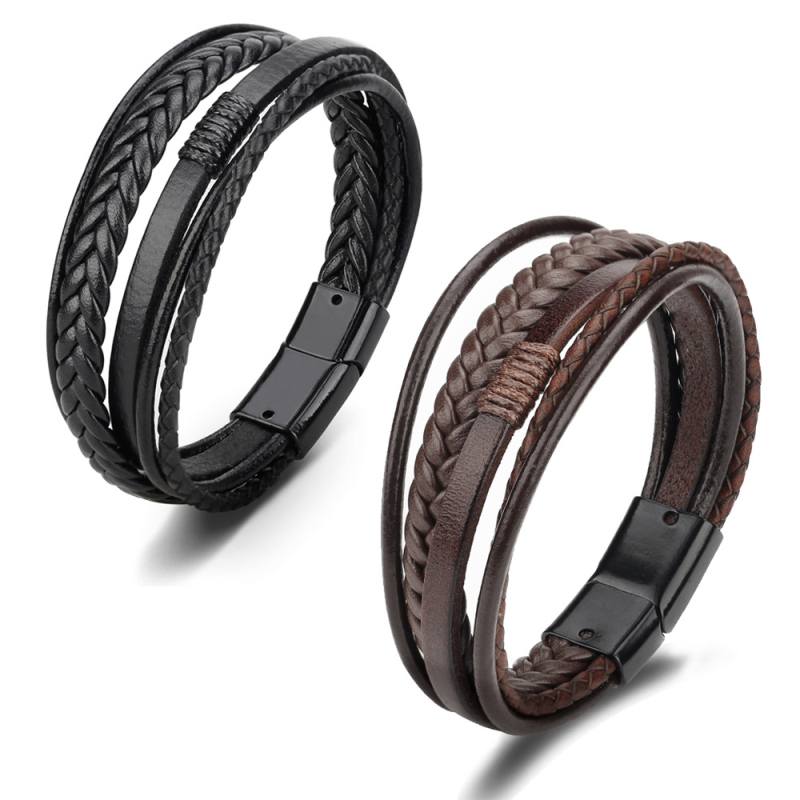 

Handmade Woven Bohemian Style Layered Leather Link Bracelet with Magnetic Snap Men Women