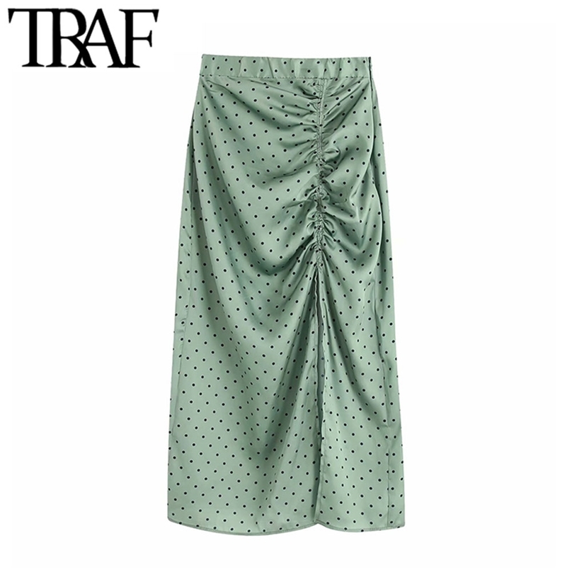 

TRAF Women Vintage Elegant Polka Dot Pleated Midi Skirt Fashion Elastic Waist Side Zipper Slit Female Skirts Chic Faldas Mujer 210629, As picture