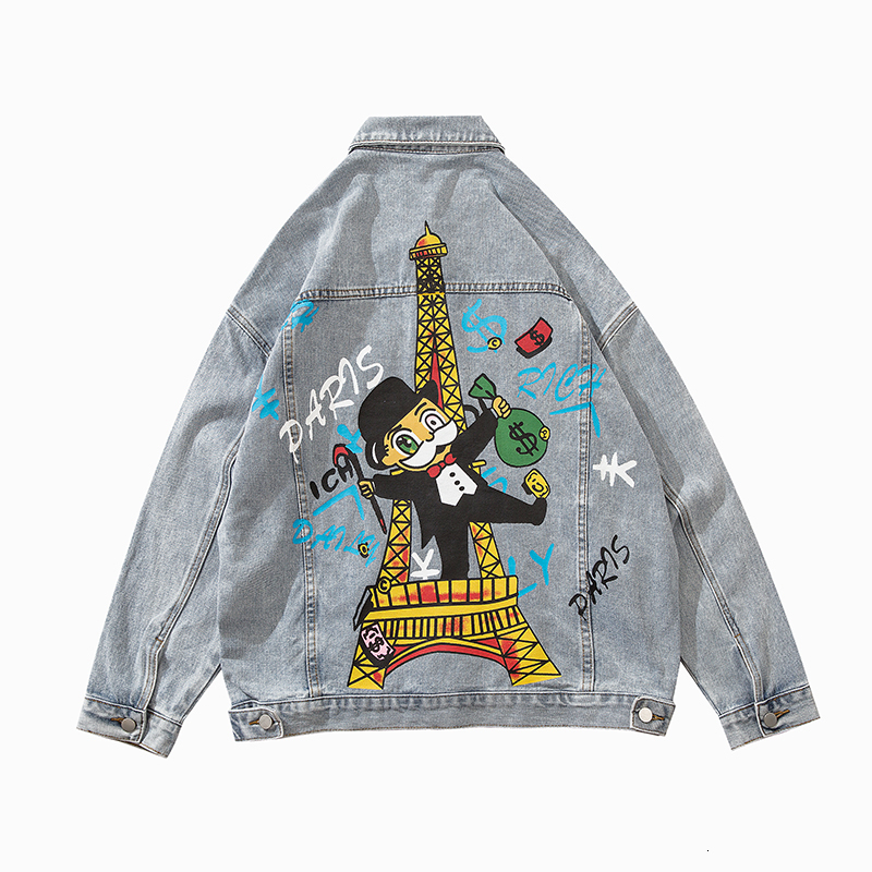 

2021 New Harajuku Cartoon Graffiti Oversize Jeans Men and Woemn Hole Frayed Washed Retro Denim Coat Hip Hop Casual Bomber Jacket Nr2l, Blue