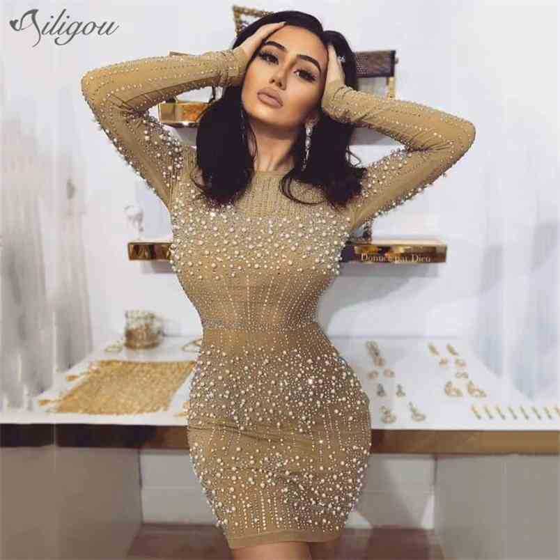 

Winter Ladies Sexy Lace Mesh Eye Beads Long Sleeve Elegant Party Dress Mini Bodycon Vestido 210525, Apricot
