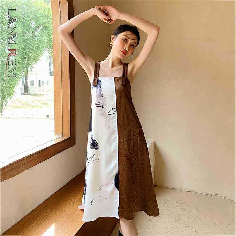 

Women' White Printed Long Sling Spaghetti Strap Dress Sleeveless Loose Fit Fashion Trendy Summer 2E1233 210526