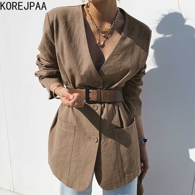 

Korejpaa Women Jacket Summer Korean Chic Ladies Retro Temperament V-Neck Three-Button Loose Casual Two-Pocket Blazers 210526, Brown