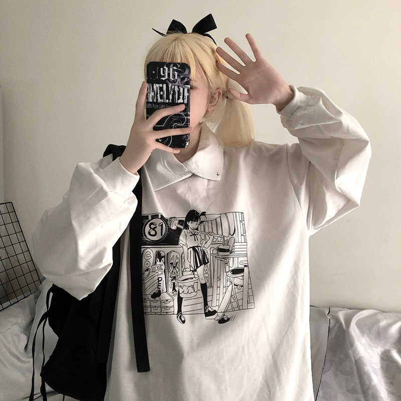 

Japanese autumn plus size cartoon loose casual punk long sleeve hip hop Vintgae Harajuku Ulzzang women sweatshirt 210608, White
