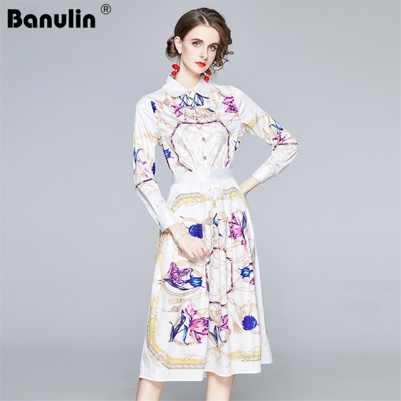 

Banulin Runway Designer Floral Print Suit Autumn Women Long Sleeve Shirt Top+High Waist big Swing Skirt Two Pieces Set 210603, Design and color