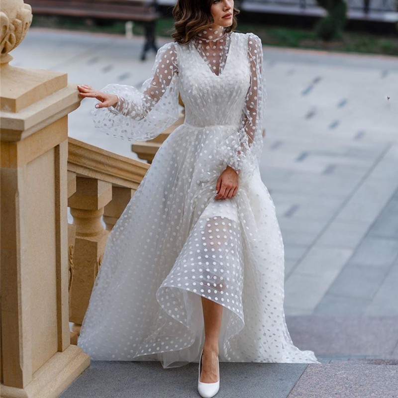 

New Design Long y Sleeve Dot Tulle Wedding Es 2021 for Bridal Sexy Illusion Bride Gown Vestidos De Noiva Uqdv, Ivory