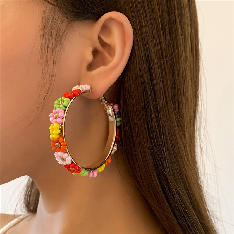 

European Beaded Daisy Flower Earrings Hoop Ethnic Style Colorful Vacation Circle Ring Women Summer Beach Party Gift Earring Jewelry Accessories Wholesale