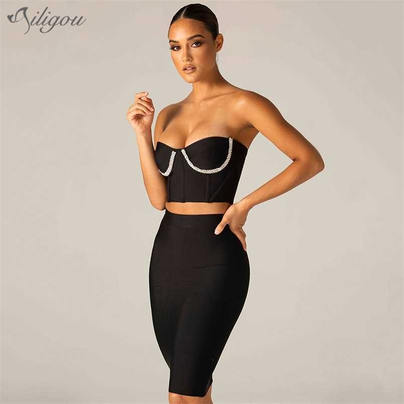 

Summer Ladies Black Crystal Tight Bandage Suit 2 Two-Piece Sexy Sleeveless Strapless Top Celebrity Party Set 210525