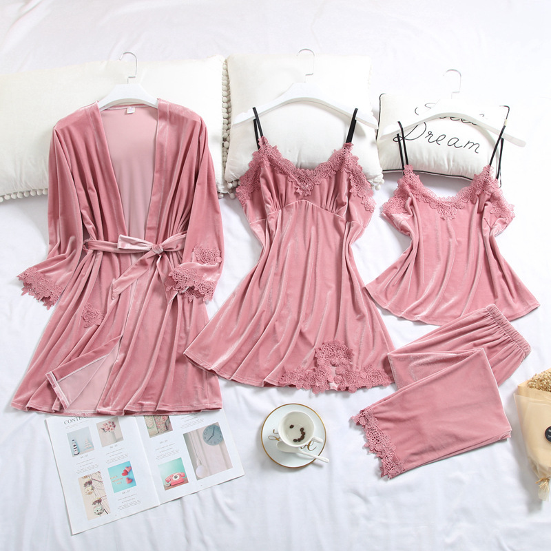 

New Autumn 4pcs Fitz Suit Flower Trim Dress Sexy Women Floored Upstairs Whisper Nightwear a Housekeeper Belt 65d1, Navy blue