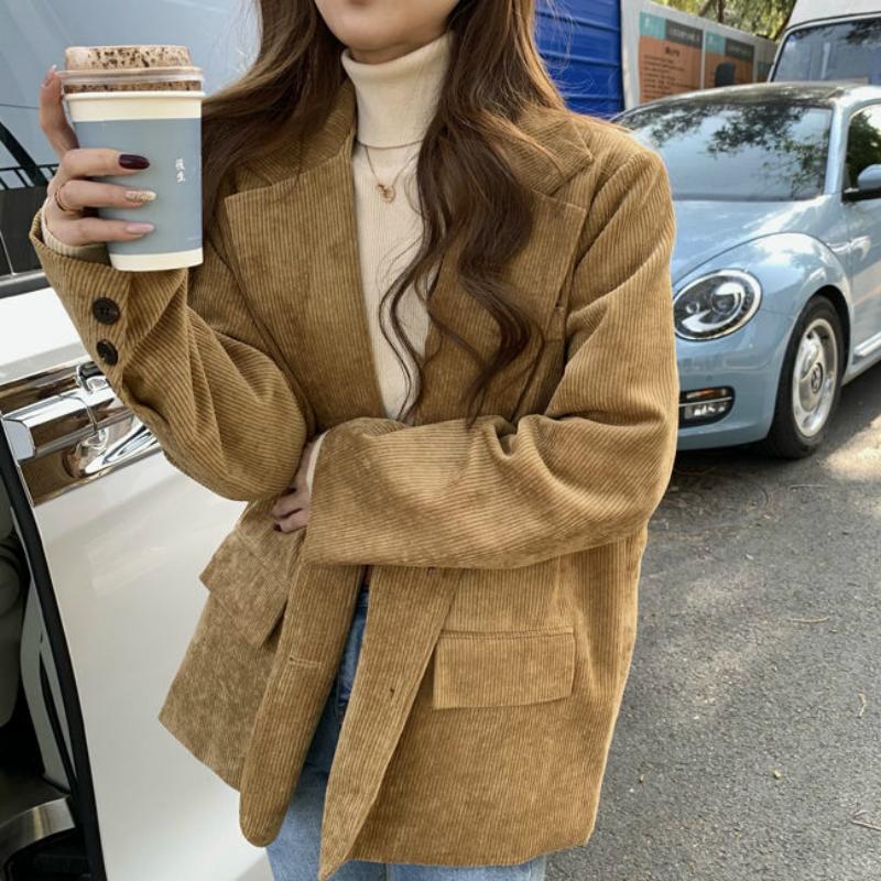 

Women Blazers Corduroy Suits Notched Autumn Thicken Medium Long Single Breasted Chic Vintage Buttons Patchwork Ulzzang Overcoat, Black