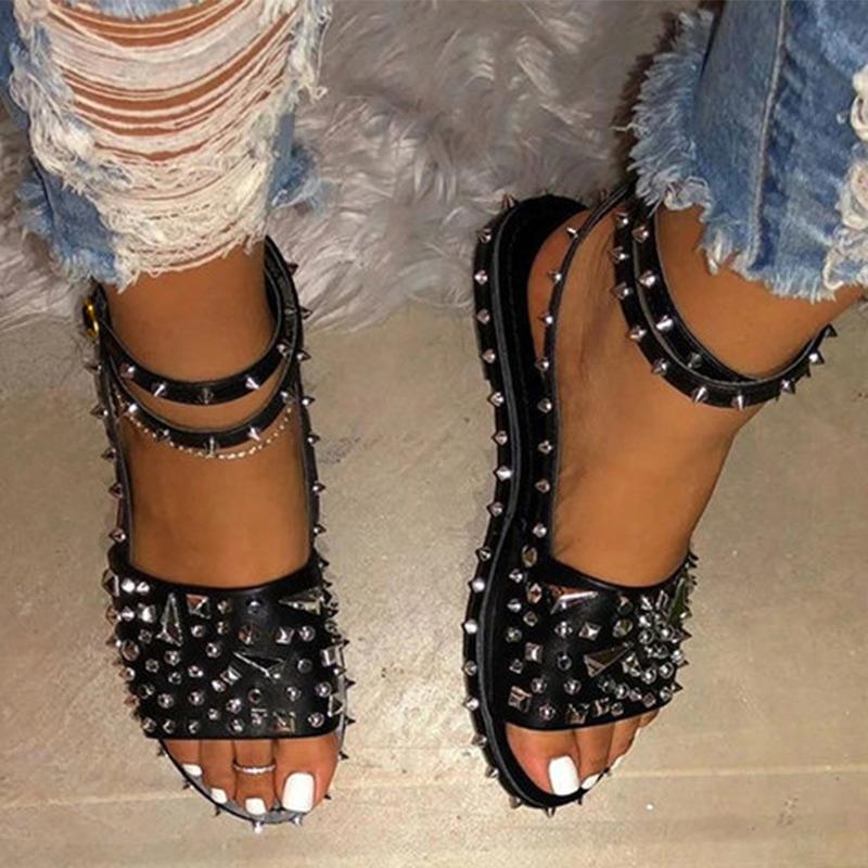 

Women's Sandals Rivet Flats Cool Ladies Ankle Buckle Strap Punk Shoes Summer Female Plus Size 2021 Fashion New Woman Hot, Black
