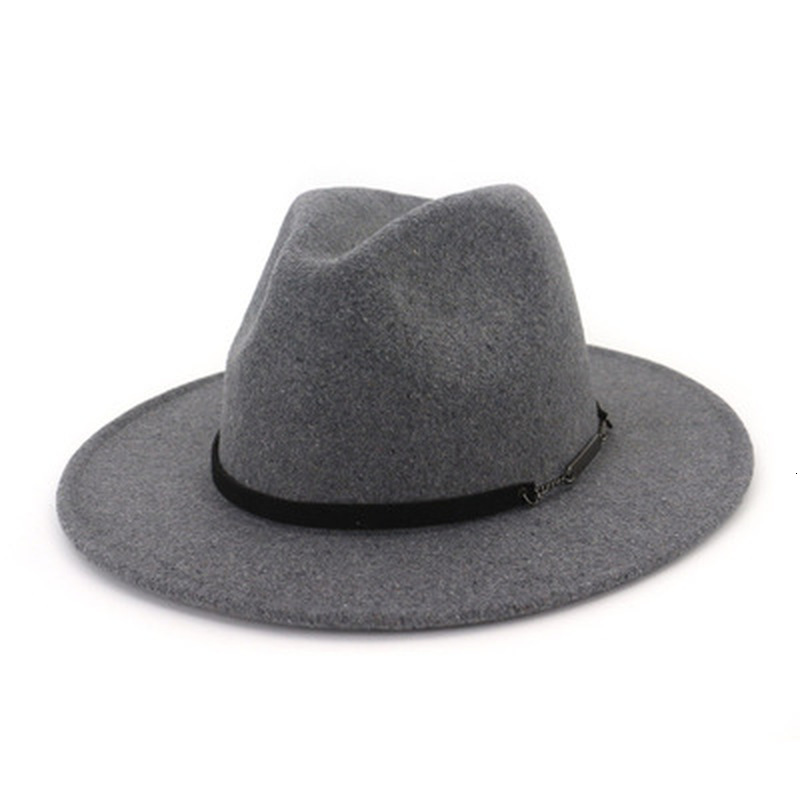 

2021 New Men Solid Color Wide Brim Band Belt Fedora Wool Classic Simple Khaki Black Church Wedding Winter Women Hats 2m3u, Navy